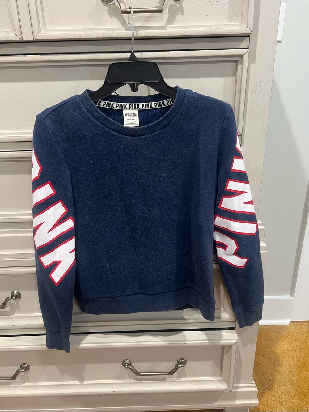 PINK Victoria's Secret Navy Crewneck Sweatshirt with White and Pink Sleeve Logos